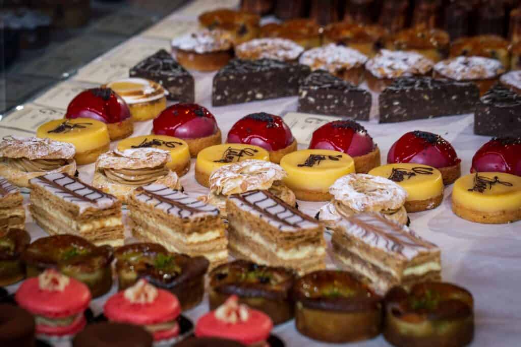 Cakes on display at a street market stall