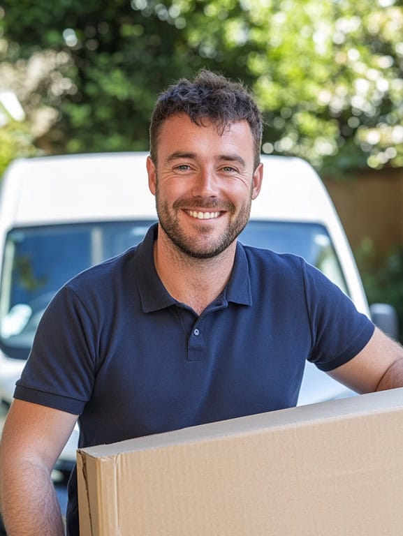 man wearing a dark blue polo shirt holding a cardboard box smiling