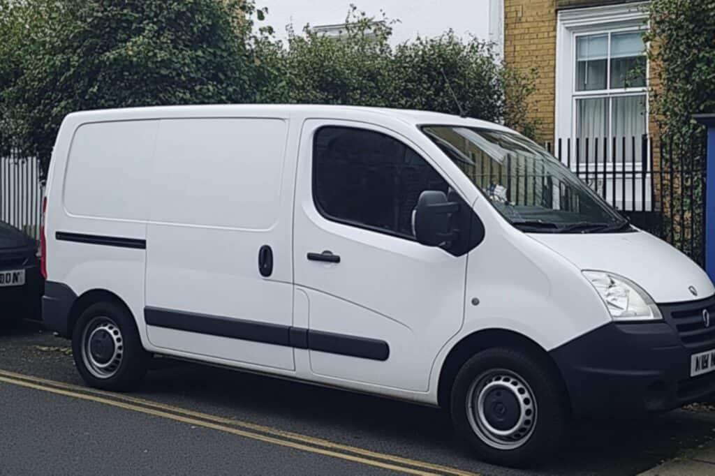 A new and clean white van parked outside a brick house in the concept of 'advantages of using man and van services' for the move to Slough.