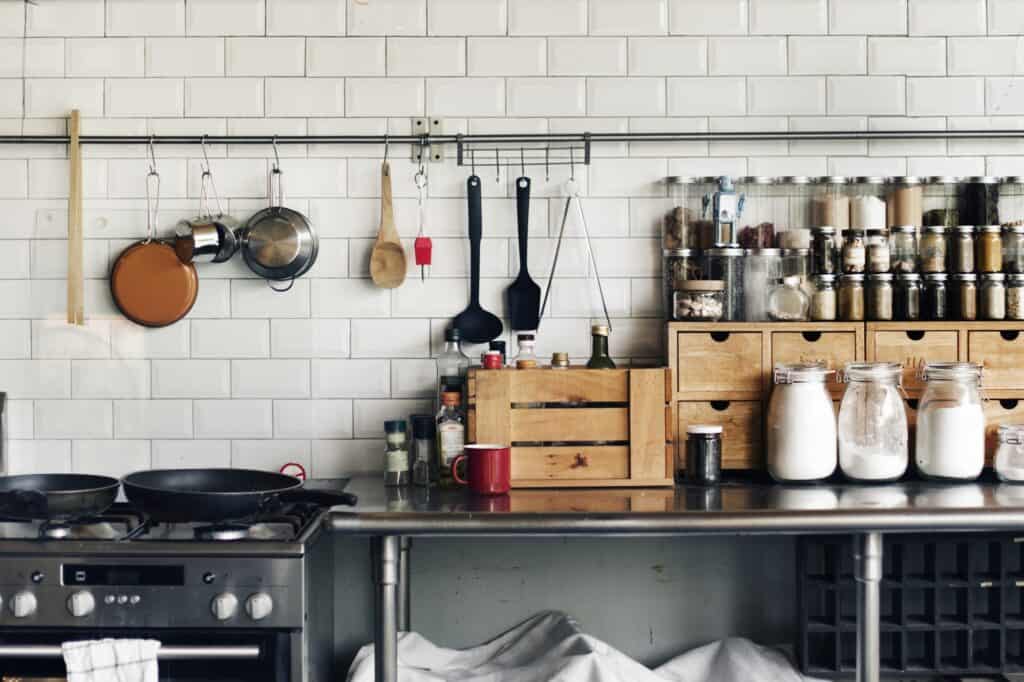 A kitchen full of cooking items and condiments