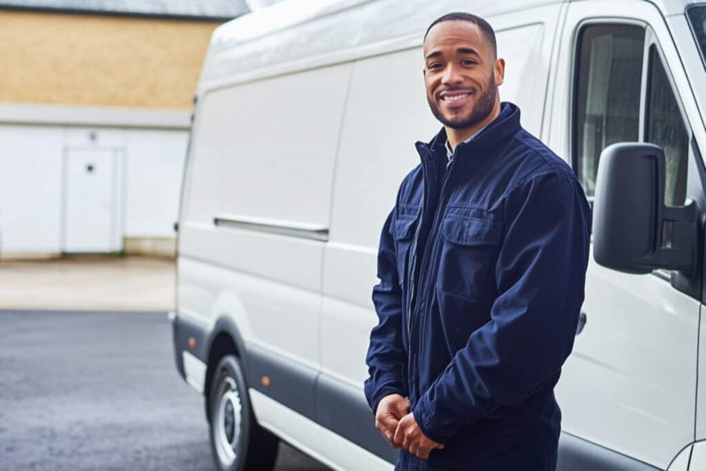 A male move standing at the side of the white van in the concept of 'What Factors Influence the Cost of a Man and Van Service When Moving to Slough'.